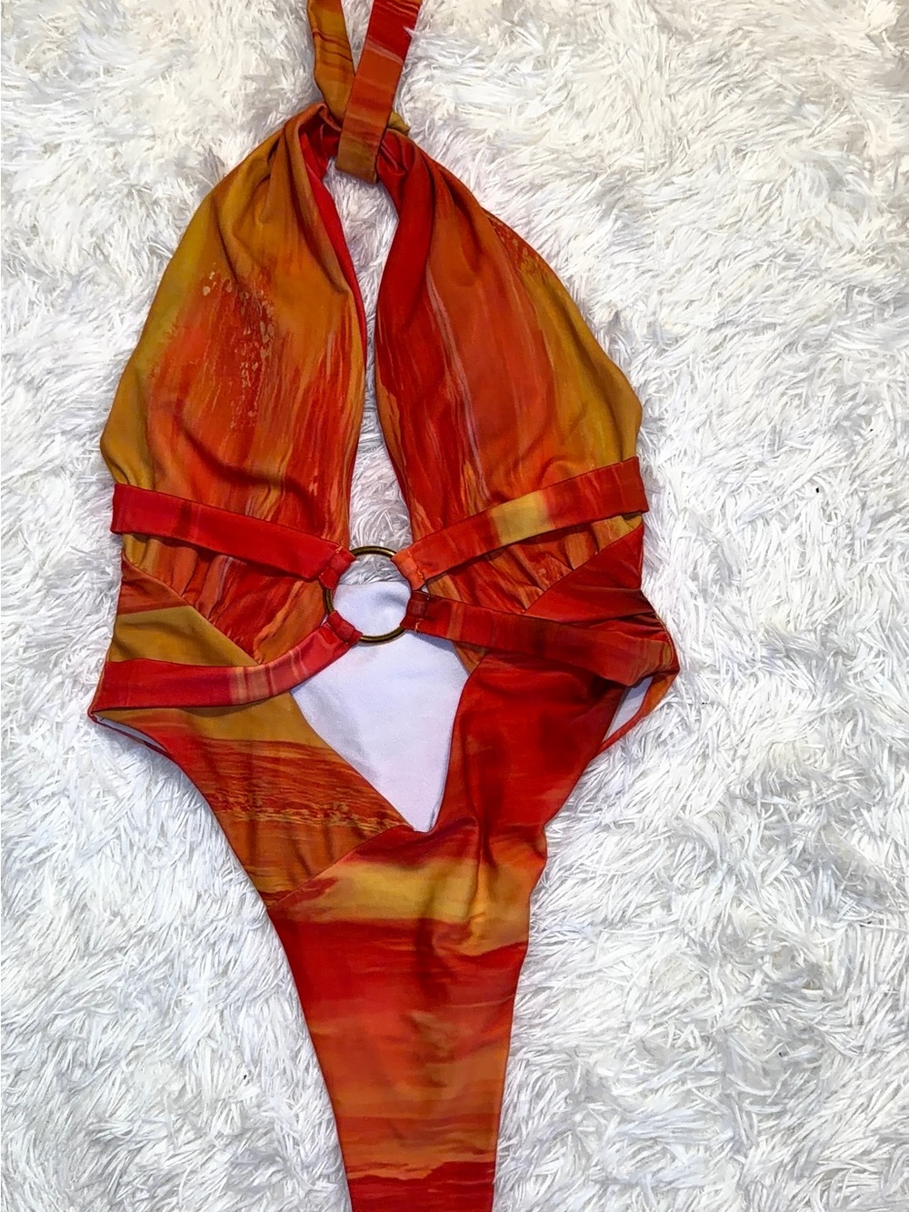 Ring-Front Halter One-Piece Swimsuit in Sunset Orange and Gold